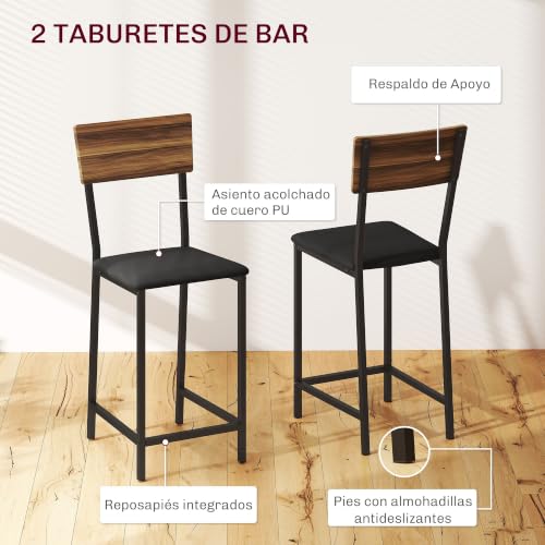 Miniatura 5 de Homcom Juego De Mesa Y Taburetes De Bar Mesa Alta De Cocina Con 2 Taburetes Laterales Abatibles Soporte Para Vinos Y Estantes Estilo Industrial Marrón Y Negro