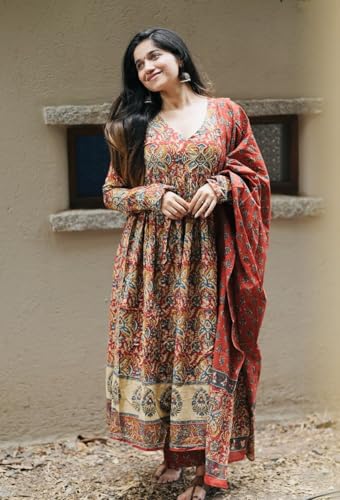 Image of Nermosa Women Printed Anarkali Kurta and Pant Set with Dupatta
