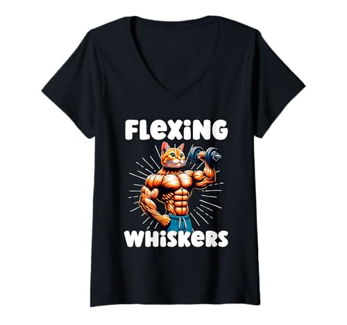Mujer Flexing Bigotes Gato Divertido Gimnasio Diciendo Halterofilia Camiseta Cuello V