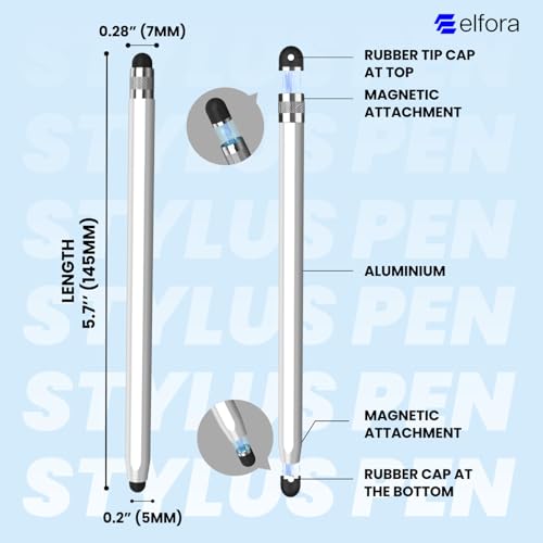 Image of Elfora 2 in 1 Tablet Stylus Pen for All Touchscreen Devices | Rubber Tip Capacitive Stylus with Magnetic Design | Compatible with iOS, Windows Tablets & Android Smartphone Phones - White