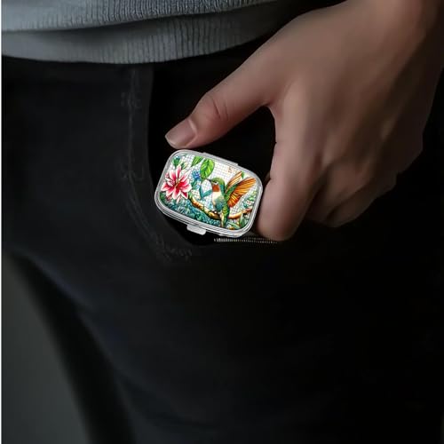 Image of Pill Box-2 Compartment Small Pill Case Portable for Pocket & Purse Single Pill Carrier Pill Container to Hold Vitamins Medication Fish Oil and Supplements BPA-Free(Hummingbird)