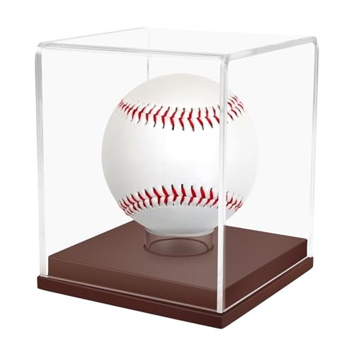 Baseball Display Case UV Protected Clear Acrylic Cube Golf Ball Display Holder Autograph Stand and Memorabilia Showcase Box for One Ball Brown Wooden Base