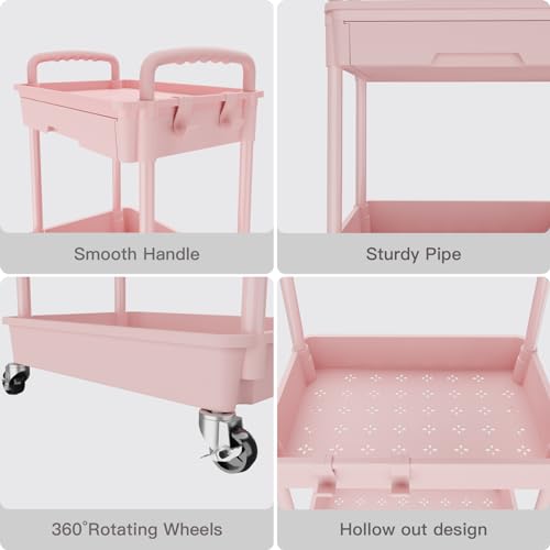 Image of REBECAT 3 Tier Rolling Utility Cart with Drawer,Storage Cart,Rolling Cart for Kitchen,Bathroom,Living Room,Storage Organizer with Iron Wheels(Pink
