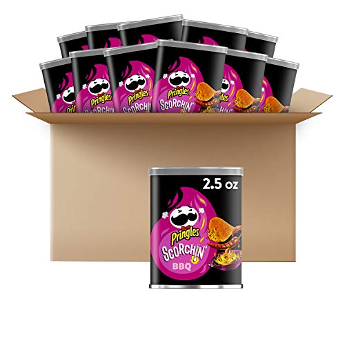 Pringles Scorchin', Potato Crisps Chips, BBQ, Snacks On the Go, 2.5oz Can(Pack of 12)