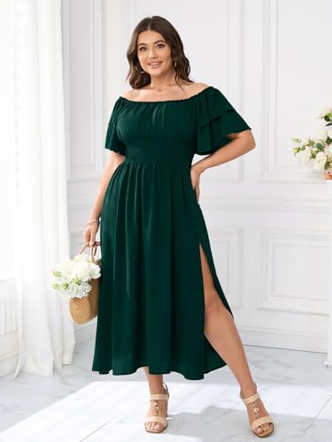 Image of Plus Size Maxi Dress Off The Shoulder Ruffle Smocked Wedding Guest Cocktail Slit Hem Flowy Dresses for Curvy Women