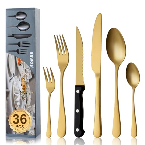 BEWOS 36-teiliges Mattgold Besteck set mit Steakmesser Service für 6, Premium-Edelstahl-Bestecksets für Haus & Küche, Hochwertiges...