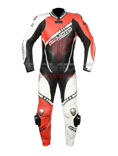 GIEMOTOO Combinaison de protection en cuir de vachette blindé pour moto avec protection en titane et bosse de course, Noir/rouge/blanc, CUSTOM SIZE