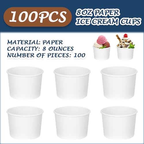 Image of Nuenen 100 Pcs 8 oz Summer Ice Cream Paper Cups Bulk Disposable Dessert Cups Solid Color Paper Dessert Bowls for Snack Sundae Spring Party Favors Ice Cream Bar Supplies (White)
