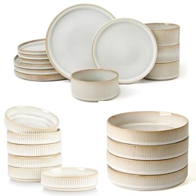 Famiware Dinnerware Set - 26 Piece (12 Dinnerware, 4 Pasta Bowls, 6 Dipping Bowls) - Star Stoneware Dishes - Matte White