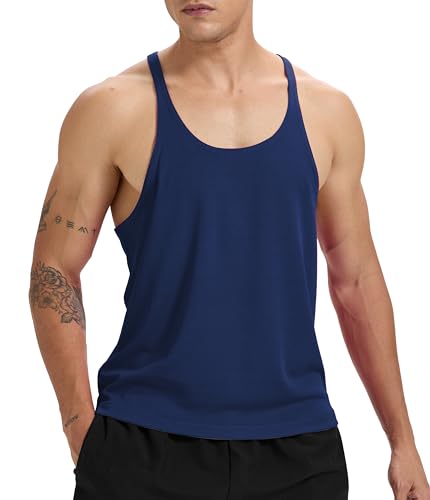 Image of Men's Stringer Tank Top Bodybuilding Workout Gym Vest Sleeveless Shirt Y-Back Dry Fit Training Muscule Cut T-Shirt Navy Blue M