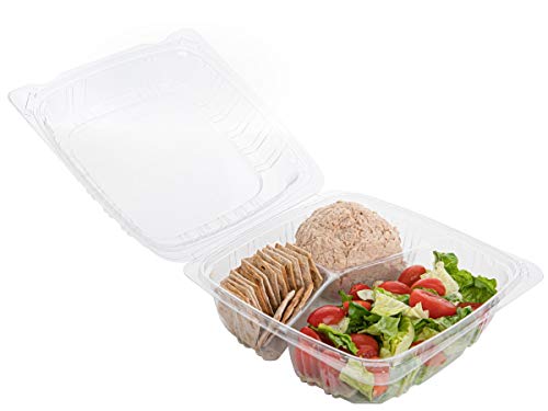 Smygoods Plastic Clamshell Food Containers, (Pack of 50-8x8x3 3/8) 3-Compartment, to go Containers, Hinged Food Container