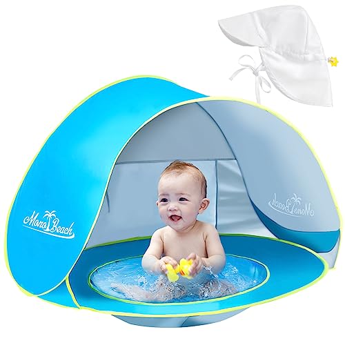 Image of Monobeach Baby Beach Tent with Sun Hat Pop Up Portable Shade Pool UPF50+ UV Protection Sun Shelter for Infant with Easy Set Up Canopy (Blue)