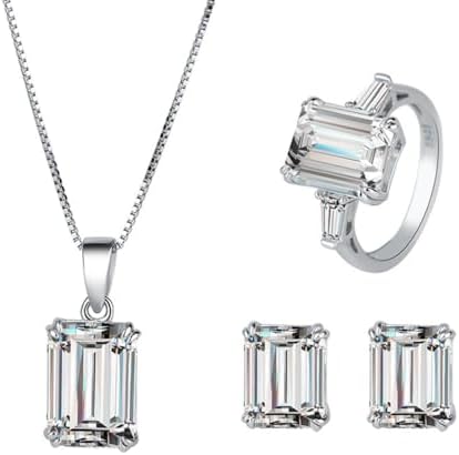 3pcs Bridal Jewelry Sets for Wedding White CZ Sterling Silver Necklace Earrings Rings Women Jewelry Set for Bridesmaid Bride Wife Costume Accessories