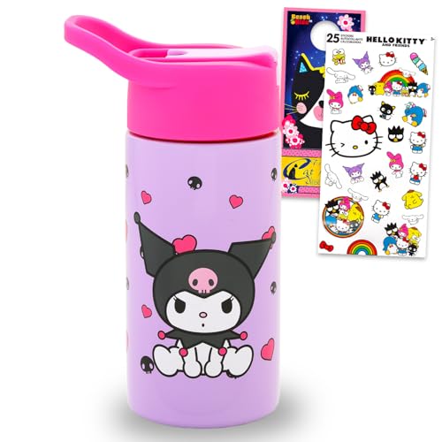 SANRIO Kuromi Stainless Steel Water Bottle for Girls - Bundle with 14 Oz Kuromi Drinking Cup For Home School and Sports Plus Stickers More Water Bottle with Straw
