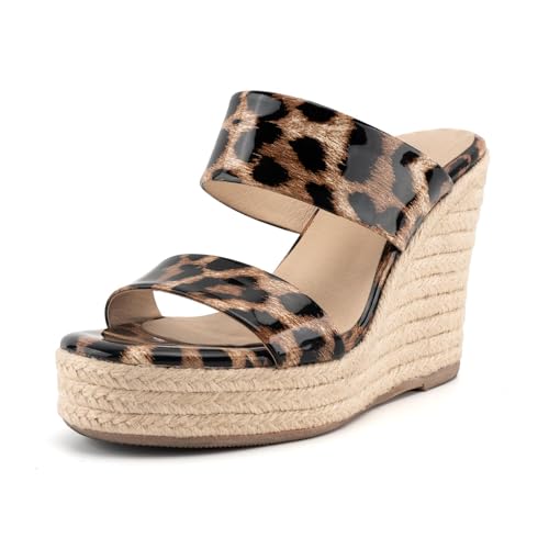 VARECOLA Women Slip On Espadrille Platform Wedge Sandals Slide Open Toe Clear High Heel Sandals Leopard Print8