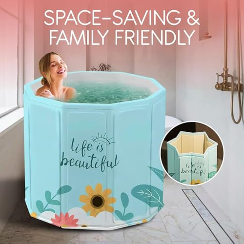 Image of Portable Foldable Bathtub for Adults & Kids | Large Size Soaking Tub | Thick Insulated Folding Bath Tub for Bathroom, Home Spa, Ice Bath & Relaxation free Standing bathtub (Beautiful Flower)