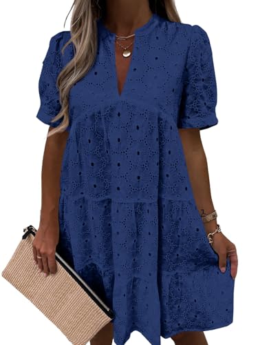 Image of Imily Bela Womens Summer Lace Dresses Eyelet Casual Flowy Babydoll Swing Short Sleeve V Neck Tunic Dress