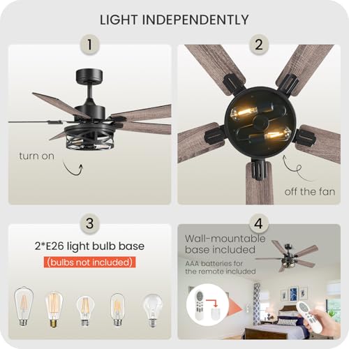 Image of 52 Inch Farmhouse Ceiling Fan with Lights and Remote, Timer, Dual Finish 5 Blades (Gray Oak and Black), 6 Speeds, Reversible DC Motor, Rustic & Industrial Caged Ceiling Fan for Bedroom HB01CF05