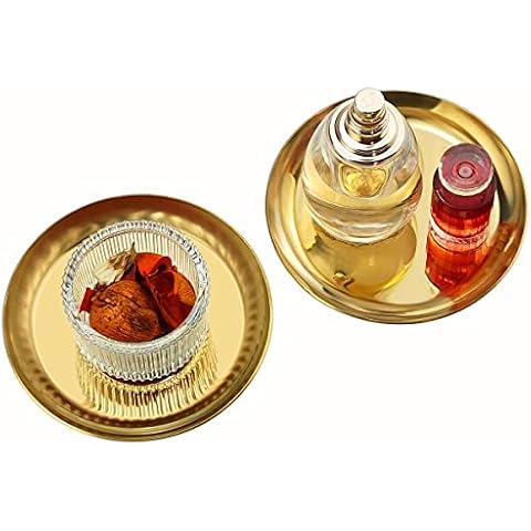 Freelove Small Round Tray 2 Pack, 4 inch, Soap Dispenser Dish Candlestick Jewelry Organizer for Preppy Room Decor Coffee Table Desk Vanity Countertop Bathroom Organization Accessories, Mirror Gold Cover