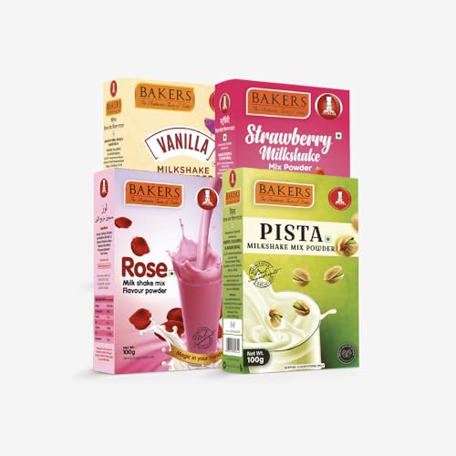BAKERS Premium Milk Shake Mix Combo (100g x 4, 400g) - Vanilla, Rose, Pista & Strawberry | Instant Thick & Creamy Shake Powder | No Preservatives | Vegetarian | Ready in 30 Seconds