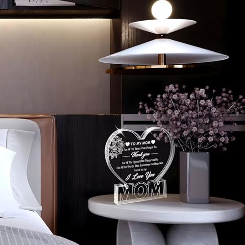 Image of DIGI ARTS Mom Gifts - Delicate Mom Birthday Gifts from Daughter Son - Engraved Heart Shape Acrylic Plaque Decorations for Christmas Mothers Day Birthday Gift Idea