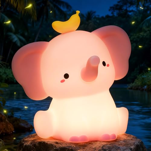Image of Ammonite Pink Elephant Night Light, Soft Silicone Elephant Nursery Lamp with 2 Dimming Levels and 20-Minute Timer, Touch Control Nightlight for Bedroom Decor, Christmas Birthday Gift
