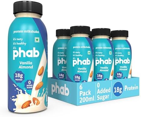 Phab Ready-to-Drink 18g Protein Milkshakes, Healthy & Delicious Pack 6 x 200ml (Vanilla Almond) with No Added Sugar