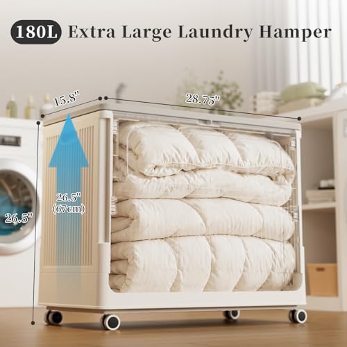 Image of Rolling Laundry Hamper with Lid, 180L Extra Large Capacity Clothes Hampers for Laundry, Plastic Collapsible Laundry Baskets with Wheels and Lid, Install-Free & Easy to Transport to Laundry