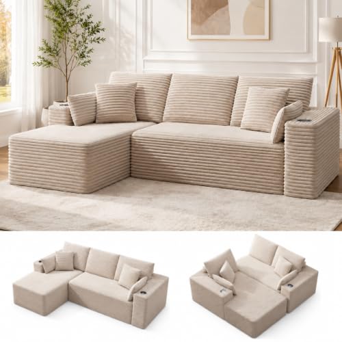 Pingliang 102" Cloud L-Shaped Sectional Sofa, Beige Corduroy