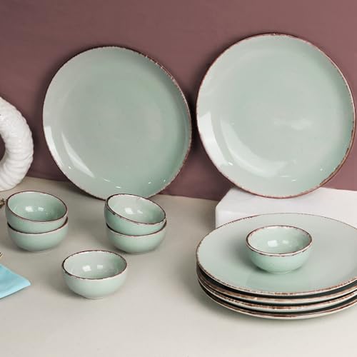 Image of The Earth Store Glossy Mint Marble Ceramic Dinner Set of 12, 6 Full Dinner Plates, 6 Vegetable Bowls | Microwave & Dishwasher Safe Crockery Set for Gift & Dinning