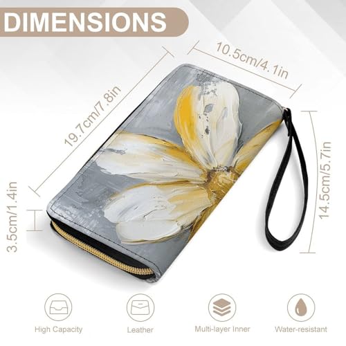 Womens Leather Wallets Yellow And White Flowers Wallet for Women Large Capacity Card Phone Holder Ladies Purse with Wriststrap2