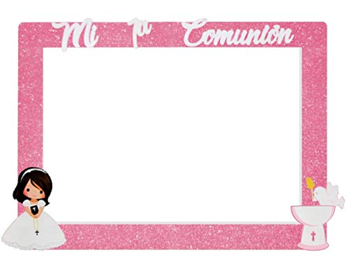 Photocall Niña Comunión de Corcho con Purpurina Color Rosa. Regalos Originales. Decoración para Fiestas de Cumpleaños, Bodas, Bautizos, Comuniones y Eventos. 120x90 cm