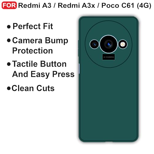 Image of CEDO Back Cover for Redmi A3 / Redmi A3x / Poco C61 (4G) | Camera Bump Protection & Inner Velvet Fabric Lining | Ultra Slim Matte Soft Rubberised Case Cover (Green)