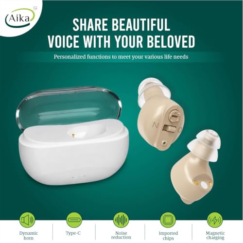 Image of Aika Mini Rechargeable CIC Digital Hearing Aid Sound Amplifier Machine for Old age with Auto Noise Cancellation, Clear Sound and Dry Kit (For Single Ear, Beige)