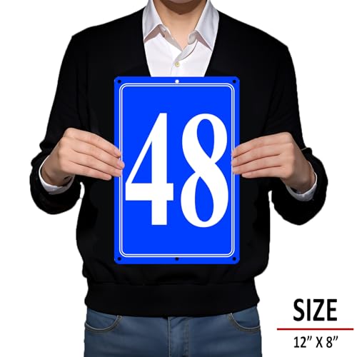 Image of Premium Aluminum Number Signs 48, Metal 12 inch X 8 inch Blue Numbered Signs Outdoor for Parking Lots, Floor, Dock, Court, Aisle, Field, High Visibility, No Fade, Weather-resistant