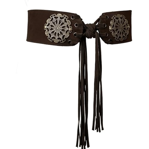 CLeemuziN Womens Vintage Disc Renaissance-Corset-Belt 3.15 W Western Suede-Cinch-Belts w/Tassel-Closed for 25-40in Waist