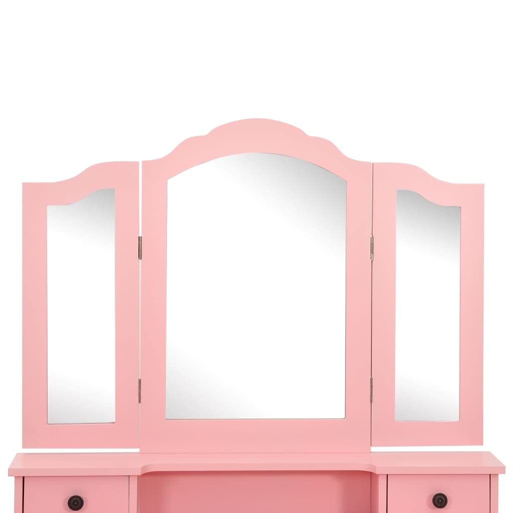 Coiffeuse avec tabouret, rose, 80 x 69 x 141 cm, en bois de paulownia, avec miroir, commode, espace de rangement pour maquillage, bijoux, parfum et accessoires de beauté pour chambre à