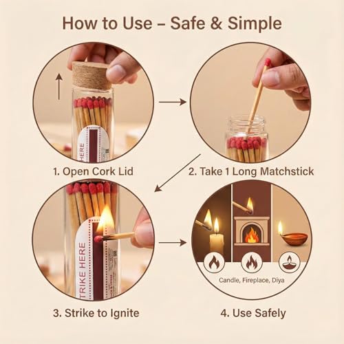 Image of Sage & Herbs Long 35 Matchsticks in a Borosilicated Cork Jar | For Fireplace, Kitchen, Home Temple | Long Burn Time Matcsticks (Red, Extra Long)