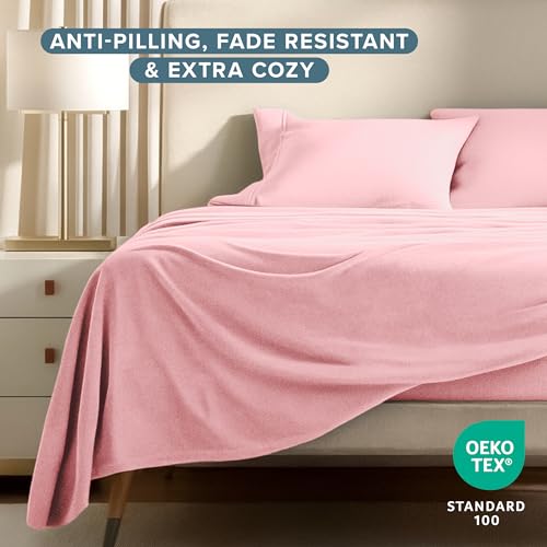 Image of Bare Home Super Soft Fleece Sheet Set (Queen, Light Pink) | Extra Plush Polar Fleece, No-Pilling Bed Sheets, All-Season, Cozy Warmth, Deep Pockets 6 to 15 Inches