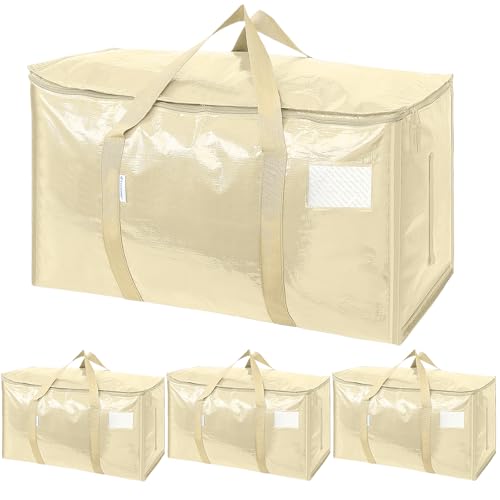 Image of TICONN 4 Pack Extra Large Moving Bags Heavy Duty with Zippers & Carrying Handles, Durable Storage Bags Moving Boxes for Closet Organizers and Storage (4 Pack, Cream)
