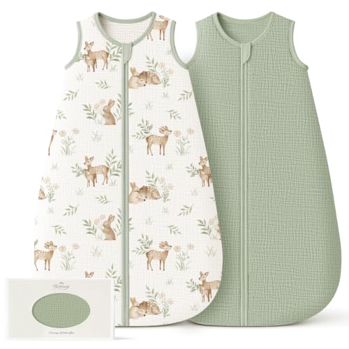 Image of Konssy Muslin Baby Sleep Sack 0-6 Months, 0.8 TOG Baby Wearable Blanket | 2 Pack, Two-Way Zipper, 100% Cotton, Soft & Breathable Sleeping Sack, Infants and Toddlers Nursery Essentials (Woodland,Sage)