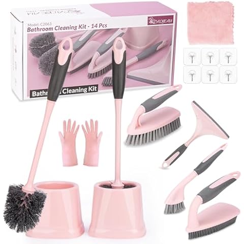 CALBEAU 14 Pcs Bathroom Cleaning Tools with Toilet Brush, Scrub Brush, Cleaning Brush for Toilet, Bathtub, Pink Toilet Brush and Holder Set with Ergonomic Handle and Sturdy Bristles Cover