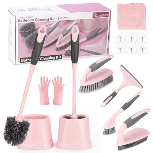 CALBEAU Pink Toilet Brush and Holder Set, 14 PCS Bathroom Cleaning Kit by CALBEAU - Used condition - US$20.80