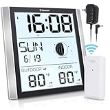 Geevon Atomic Wall Clock with Backlight, Auto-Set Digital Atomic Clock with Indoor Outdoor Temperature,Calendar,Moon Phase for Home Office Elderly(1 Wireless Outdoor Sensor)