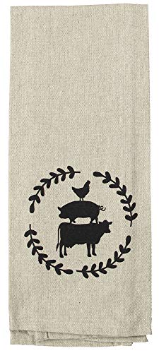 Farmhouse Kitchen Towels Set Of 5 Farm Animals Rooster Pig Cow Dish Towels Black Tan Flour Sack 16”X28” 100% Cotton #TOP5