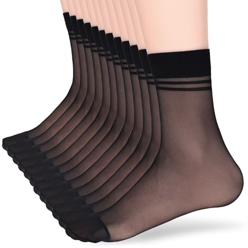 Telooco 12 Paires Bas Ultra Fins Chaussettes pour Femmes Nylon Bas Transparents Chaussettes Fins pour Femmes Courts Bas Respirants avec Pointes Renforcées (Noir)