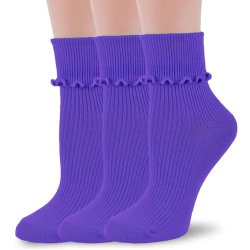 Image of Womens Ruffle Socks Fashion Breathable Solid Color Turn-Cuff Cute Girls Ankle Socks 3 Pairs