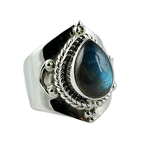 Navya Craft Natural Labradorite Pear Shape 925 Sterling Silver Handmade Women Statement Ring Size 4-13 For Christmas Anniversary Birthday Valentine Day Gift Wife Her Mother Sister Best Friend #TOP3