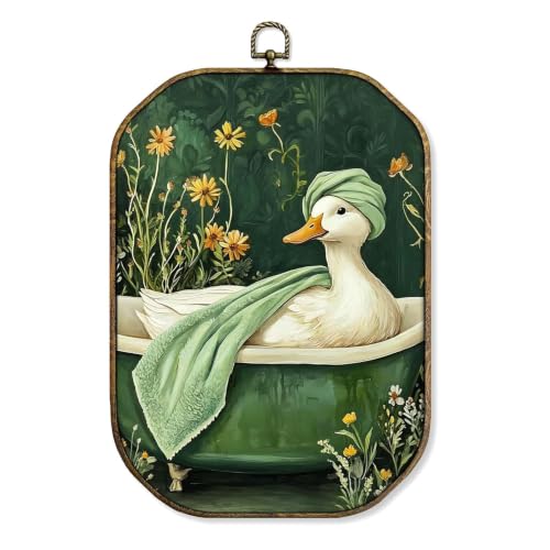 XiZoDinia Octagonal Framed Duck Wall Art, 7.5x10.2 Inch Vintage Wood-Look Animal Wall Decor, Funny Duck in Bathtub Oil Painting Print, Aesthetic Mural for Bathroom Living Room Bedroom, Pet Lover Gift (Bath Towel Duck)