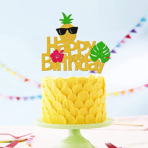 Levvcirki Pineapple Cake Topper Summer Fruit Hawaiian Tropical Aloha Luau Pineapple Theme Kids Boy Girl Happy Birthday Holiday Party Cake Decoration Glitter Green #TOP4